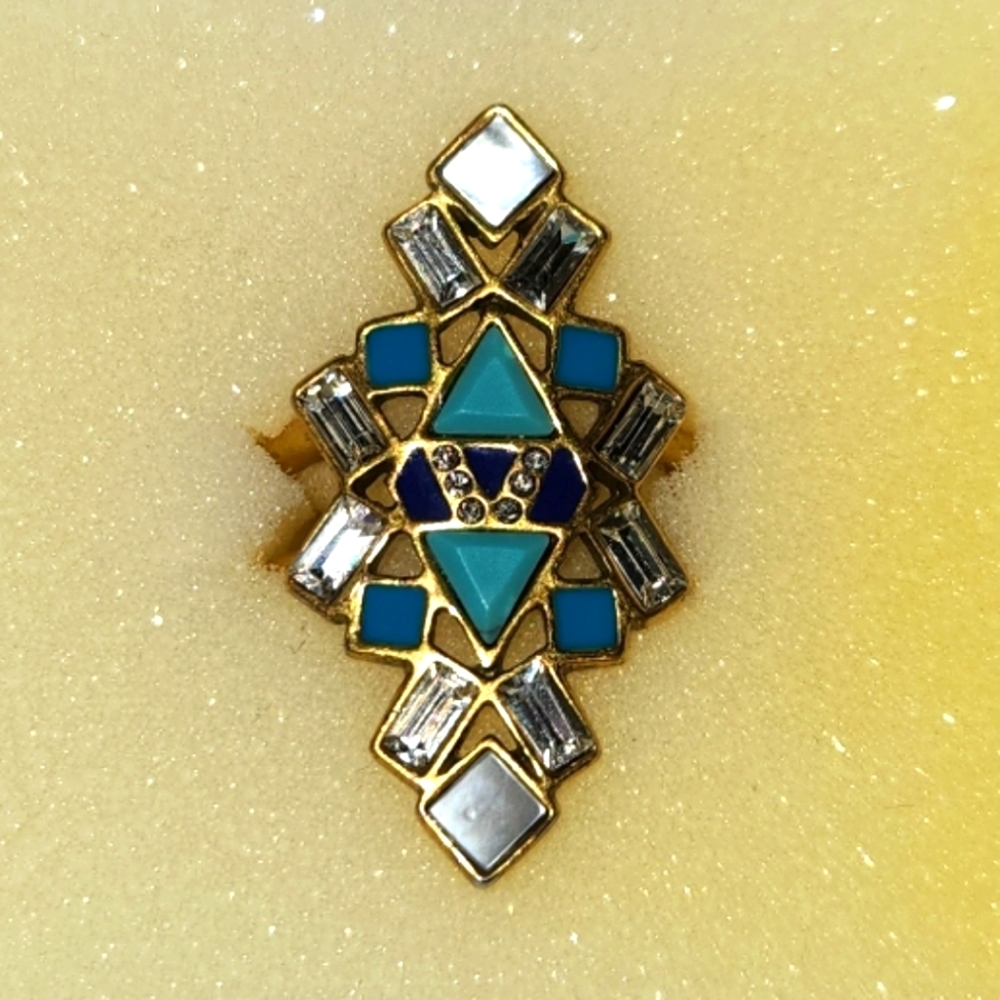 Stella & Dot Enamel Turquoise, Cobalt, & Crystal Tile Statement Ring, Retired - Picture 2 of 8